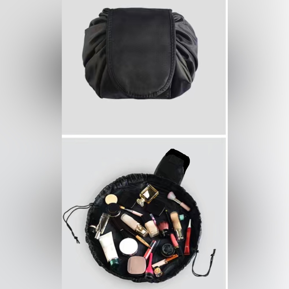 NWT Drawstring Cosmetic / Makeup Bag, Black, 20”, Zippered Pocket Inside ~ NWT